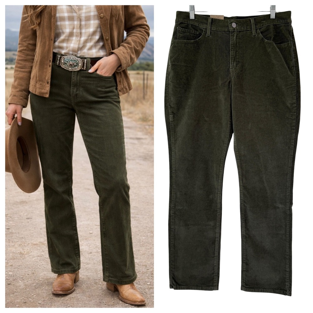Levi's Classic Straight Olive Green Corduroy Pants 12 Mid Rise Stretch Western